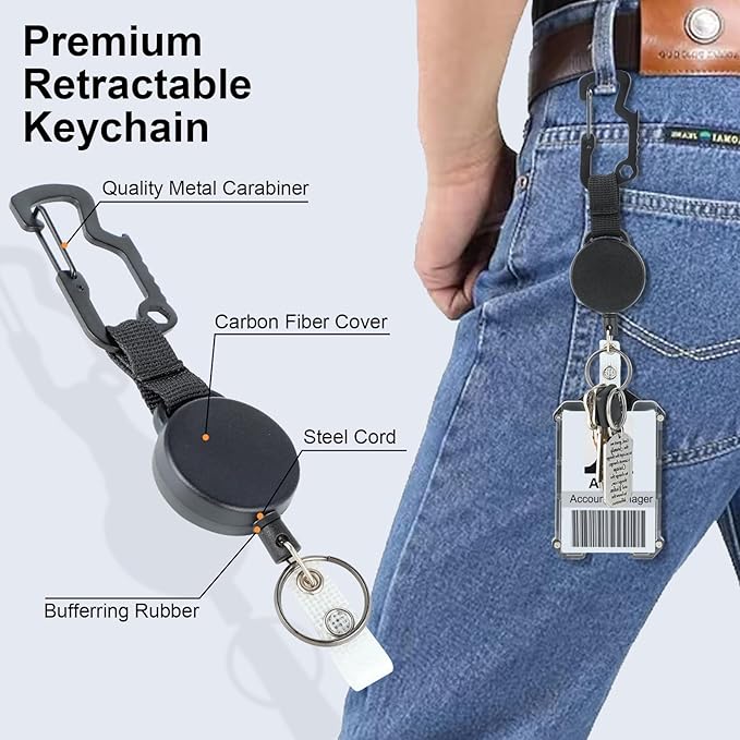 DELSWIN Tactical ID Badge Holder with Retractable Clip, Heavy Duty Retractable Keychain with ID Card Holder, 31.5" Retractable Cord (1 Badge Reel, 1 Holder)