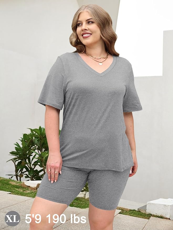 AGSEEM Two Piece Outfits For Women Summer V Neck T-Shirt Tops Biker Shorts Workout Sports Tracksuit