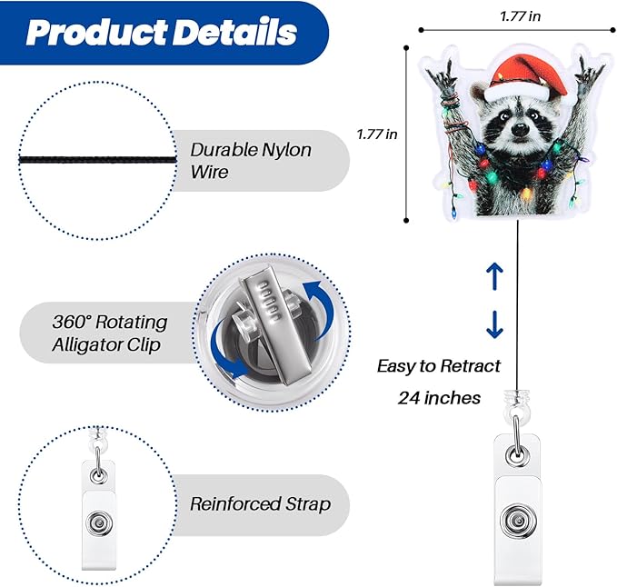 Funny Raccoon Nurse Badge Reel, Christmas Retractable ID Card Badge Holder, Name Tag Medical Work Badge Clip for RN LPN CNA MA Nurse Doctor Nursing Student Teacher Office Medical Assistant Workers