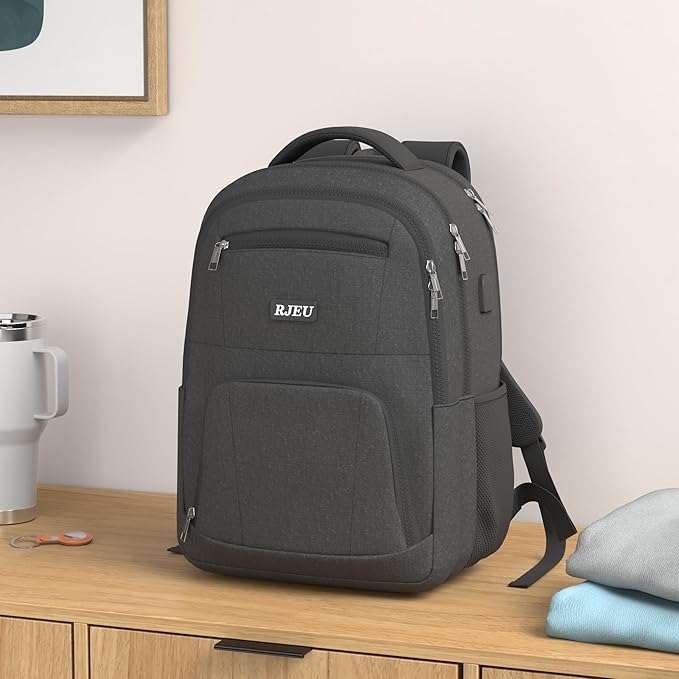 RJEU School Backpack for Teen Boys,15.6 Inch Anti Theft Laptop Bookbag with USB Charging Port, Water Resistant College, High School, Ergonomic Straps, Multiple Compartments, Men, Black