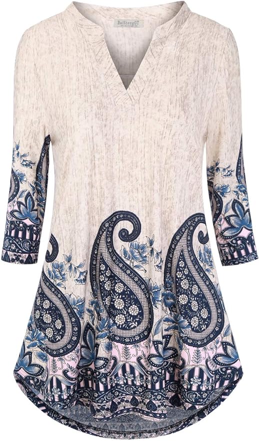 BAISHENGGT 3/4 Sleeve Tops for Women Notch V Neck Floral Work Blouses Dressy Casual Loose Fit Going Out Tunic Tops