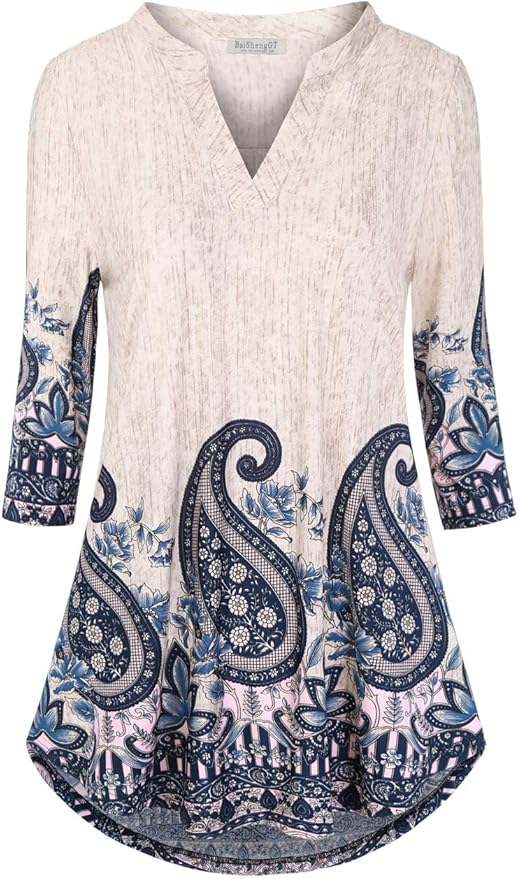 BAISHENGGT 3/4 Sleeve Tops for Women Notch V Neck Floral Work Blouses Dressy Casual Loose Fit Going Out Tunic Tops