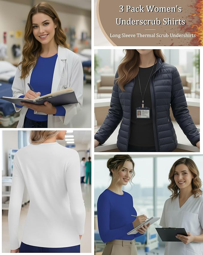 3 Pack Women's Underscrub Shirts Long Sleeve Thermal Scrub Undershirts Nurse Crew Neck Slim Fit Fleece Top Basic Tee