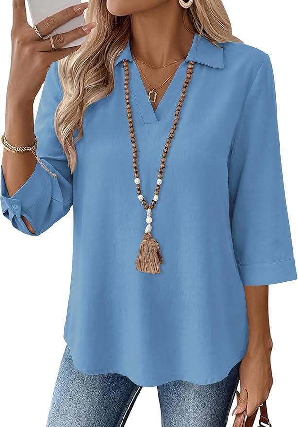 LOMON Womens 3/4 Sleeve Tops V Neck Cotton Linen Work Blouse Polo Shirts for Women Business Casual 2026