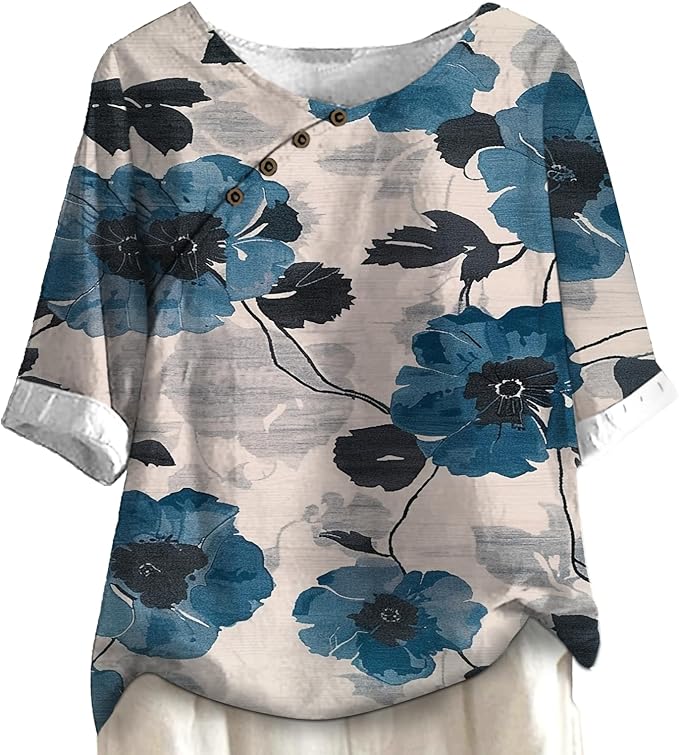 Women's Shirts Dressy Casual Asymmetric Side Button Down Design Tops Summer Loose Fit Crewneck Graphic Tees