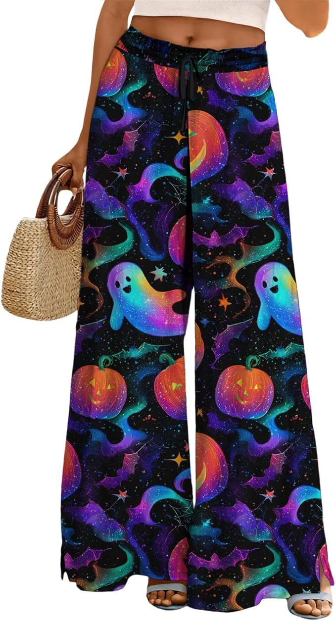 domirica Halloween Pants Women Drawstring Elastic Waist Wide Leg Pants Ladies Pumpkin Ghost Pajama Vintage Street Wear