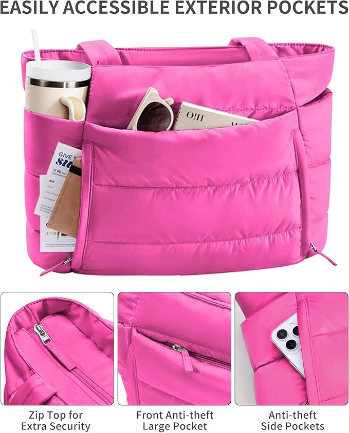 Puffer Tote Bag for Women, Lightweight Puffy Work Handbag Teacher Nurse Quilted Shoulder Bag for School Travel Gym | Quilted, with Zipper, Daily Carry On Bags, Comfy College Bags, 15.6" Laptop Sleeve, Cup Holder Pocket, Portable, Spacious