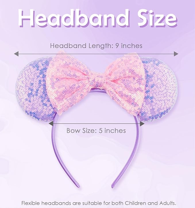LIHELEI Mouse Ears Headband for Princess, Pink Headbands for Women Halloween Costume, Sequin Bows Headwear Hair Accessories - Pink Pruple