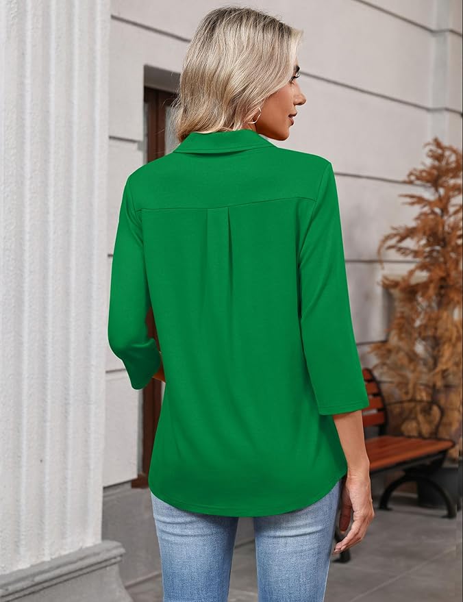 LOMON 3/4 Length Sleeve Womens Tops 2026 Spring Summer Collared Polo Shirts V Neck Casual Basic Polos Tees Shirt