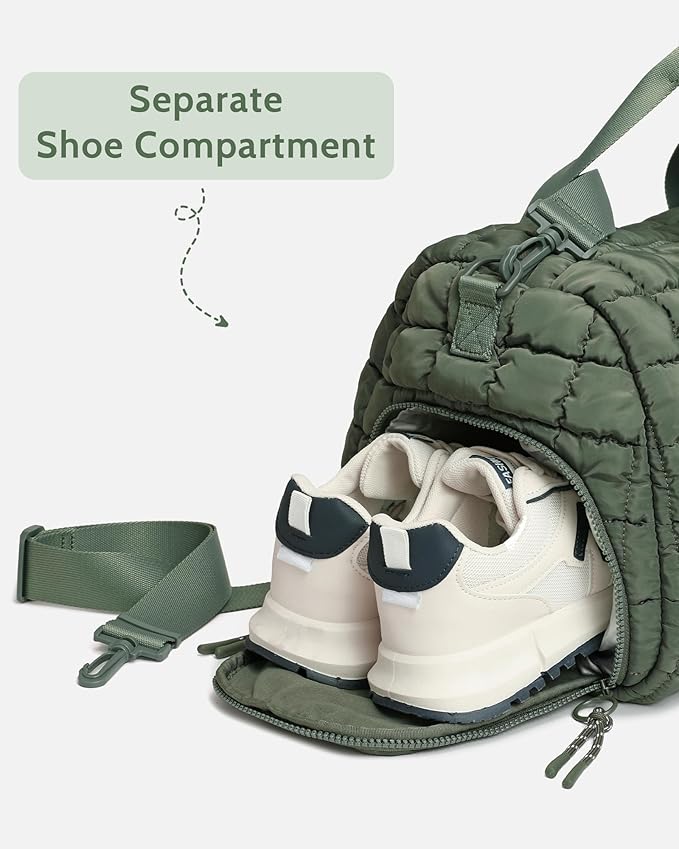 Quilted Duffel Bag for Women, Puffer Gym Duffle Bag with Shoe Compartment Lightweight Large Crossbody Sport Bag Travel Tote JasperGreen