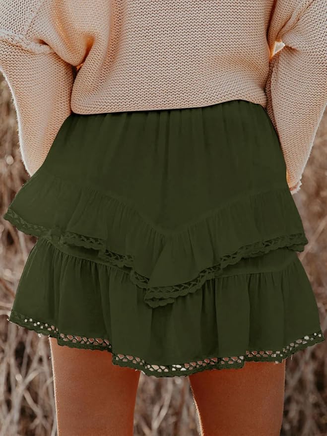 Aoudery Flowy Shorts for Women Casual Boho Ruffle Tiered Skorts High Waist Mini Skirts Golf Tennis Crochet Shorts