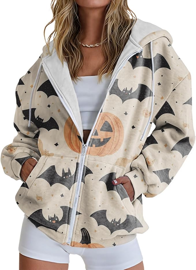 domirica Halloween Hoodie Lightweight Zip Hoodies For Women Fall Casual Vintage Sweatshirt Casual Wear Fashion Outfits