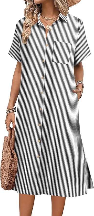 HOTOUCH Womens Dress Summer Casual Midi Short Sleeve Button Down Shirt Dresses Loose Beach Cover Up with Pockets