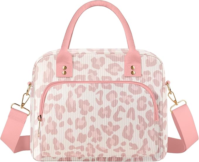Lunch Bag Large Insulated Lunch Box for Women Adult Cute Pink Leopard Lunchbox Corduroy Lunch Bags Boxes Pail with Shoulder Strap for Work Mom Picnic Office Travel 11.4×6.8×9.1 inches 11.5L
