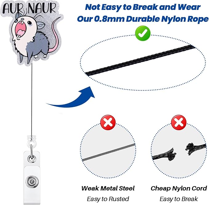 AUR Naur Funny Badge Reel, Cute Opossum Retractable ID Card Badge Holder, Name Tag Work Badge Clip for ICU NICU RN LPN CNA MA ER Night Shift Nurse Nursing Student OR Doctor Teacher, Nurse Gifts