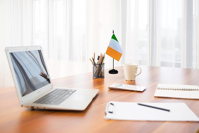 USA American & Ireland Irish Desk Flags, US Ireland Office Table Flag, Small Mini Miniature Irish and US Desktop Flag With 13" Solid Black Pole, Black Base