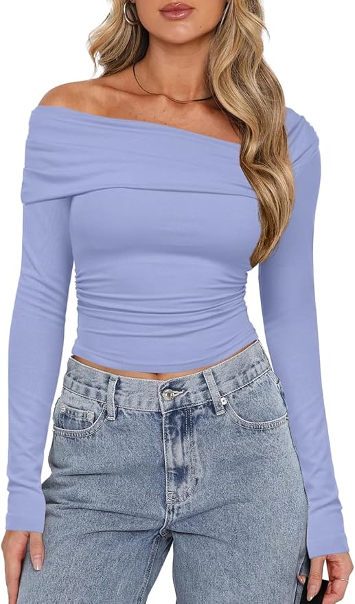 Darong Women's Off Shoulder Tops Y2K Shirt Slim Fit Ruched Crop Top Long Sleeves Spring Fall Blouse Going Out Shirt