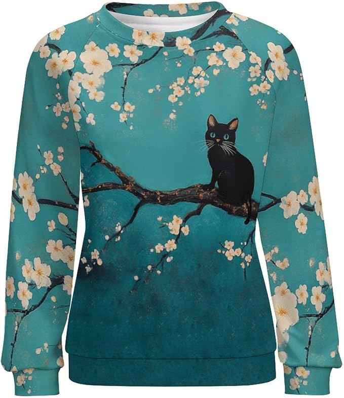 Spatofa Womens novelty funny cat printed crewneck sweatshirt casual loose long sleeve graphic pullover sweatshirts tops