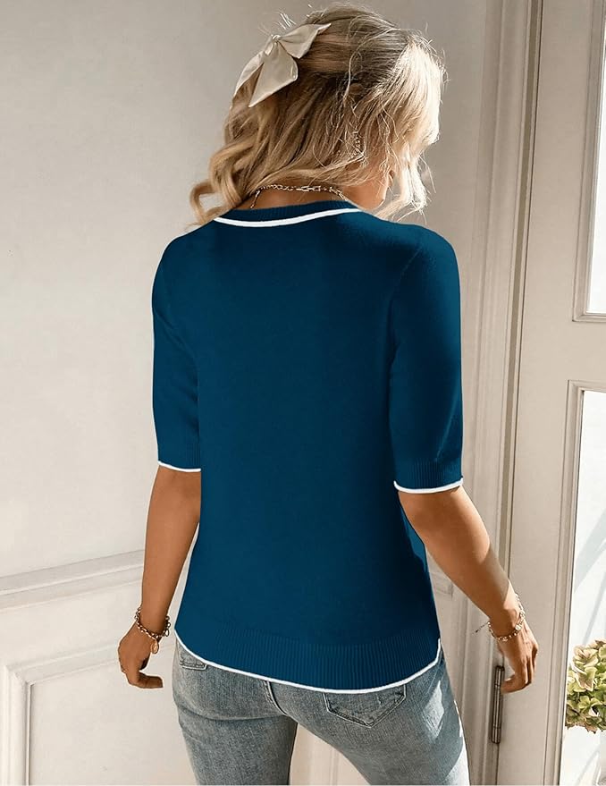 Zeagoo Women Short Sleeve Sweater Summer Crew Neck Dressy Casual Soft Knit Pullover Tops Trendy