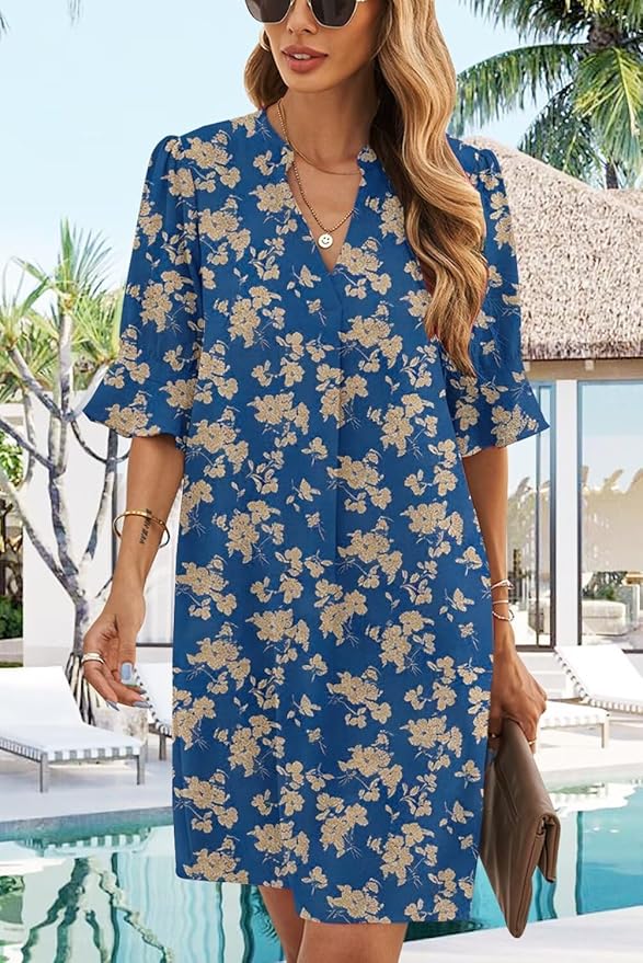 QACOHU Summer Dresses for Women V Neck Ruffle Short Sleeve Casual Shift Dress