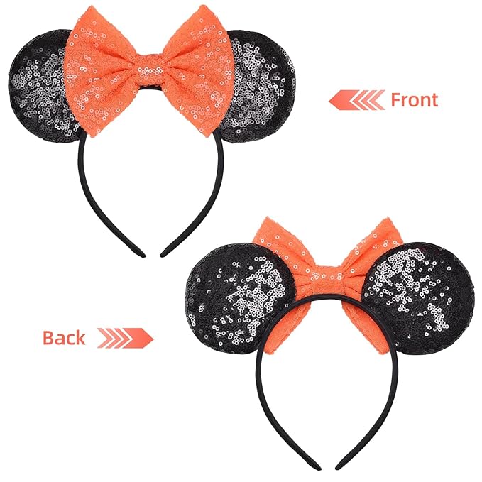 Seamoy Sequin Mouse Ears Headband, Halloween Mice Ears Hairband, Mouse and Mice Costume Hair Accessory for Women Girls (Orange Bow and Black)