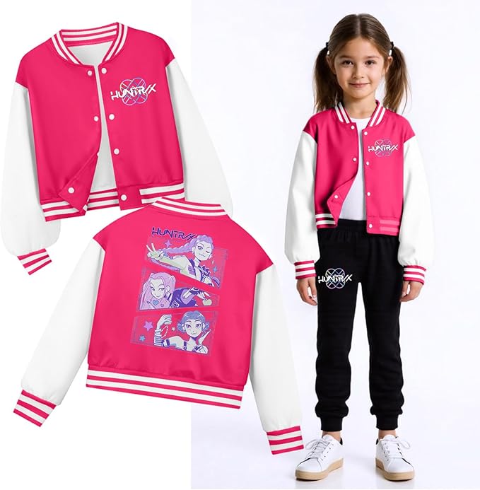 K PopGirls Kpop Tracksuit Cute Cartoon Print Baseball Coats Fashion Long Sleeve Jackets and Pants Christmas Costume Set
