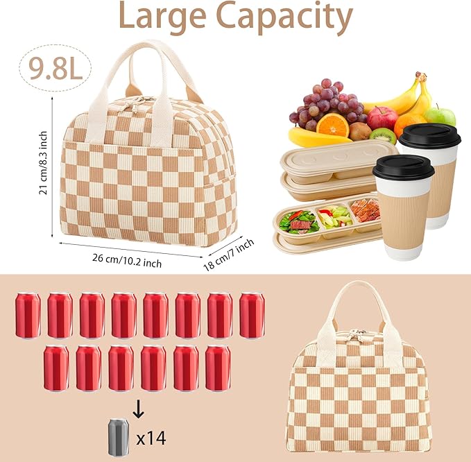 Stylish Lunch Box for Women Cute Lunch Box Reusable Checkered Corduroy Insulated Lunch Bag With Dual Zippers & Multiple Pockets for Work Travel Picnic Outdoor Activities