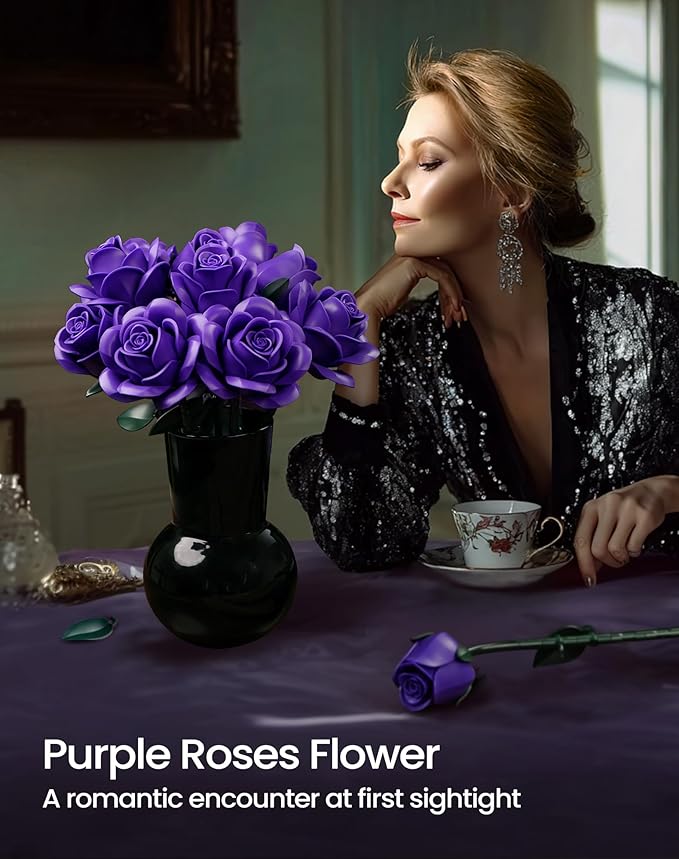 iATOM Purple Rose Bouquet Building Set, 12Pcs Flowers Botanical Collection for Adults Women, Valentine's Day Gift for Her/Girlfriend/Mom/Wife/Couple, Purple Retro Home Office Table Centerpiece Decor