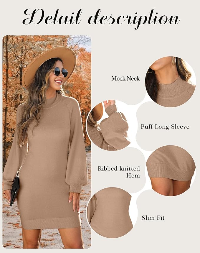 GRECERELLE 2026 Women's Mock Neck Ribbed Long Sleeve Bodycon Pullover Cute Mini Sweater Dress (XS-2XL)