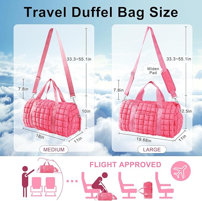 Quilted Travel Duffle Bag Gym Bag for Women,Large Puffer Duffle Weekender Bag with Compartment,Workout Overnight Carry on Organizer Bag Duffle Bag for Airplane Travel(L-Pink)
