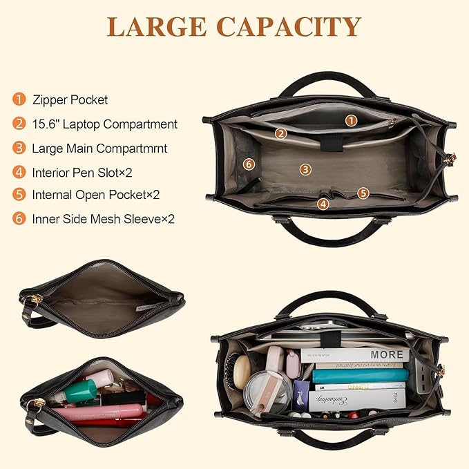 KKXIU Lunch Tote Bag for Women - 15.6" Ladies Work Tote, Laptop Purse with Insulated Lunch Compartment, Quilted Computer Handbag with Large Capacity for Work, Office, Nurse, Teacher (Black)