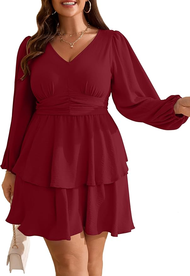 RWJ Plus Size Dresses for Curvy Women V Neck Long Sleeve Elastic Waist Fall Wedding Guest Layer Casual Mini Dress