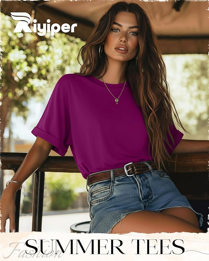 Riyiper 3 Pack Women's Oversized T-Shirt Half Sleeve Summer Tees Casual Loose Fit Crew Neck Basic Tops