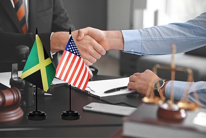 USA American & Jamaica Jamaican Desk Flags, US Jamaica Office Table Flag, Small Mini Miniature Jamaican and US Desktop Flag With 13" Solid Black Pole, Black Base