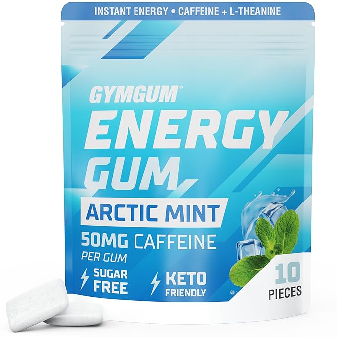 GYMGUM Energy Caffeine Gum | 50mg Caffeine | Sugar-Free, Keto-Friendly | Fast-Acting Energy & Focus Gum with Guarana & L-Theanine (10 Pieces)