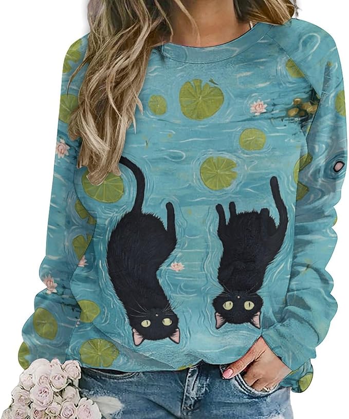 Spatofa Womens novelty funny cat printed crewneck sweatshirt casual loose long sleeve graphic pullover sweatshirts tops
