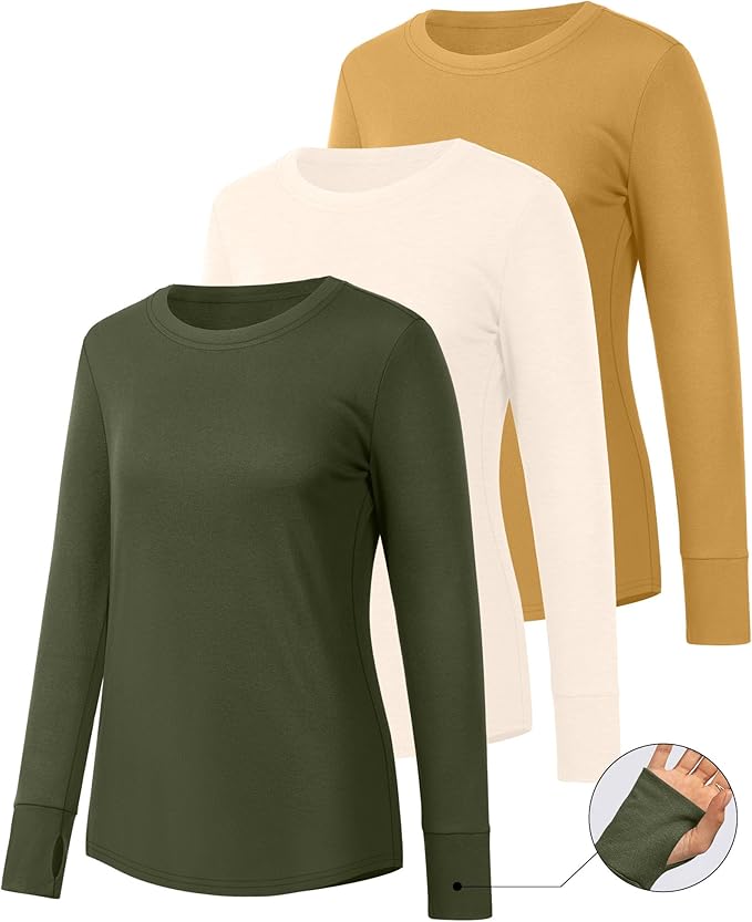 Huukeay 3 Pack Women's Long Sleeve Shirts with Thumb Holes, Cotton Casual Crew Neck Tunic Tops Fall Loose Y2k Trendy Outfits