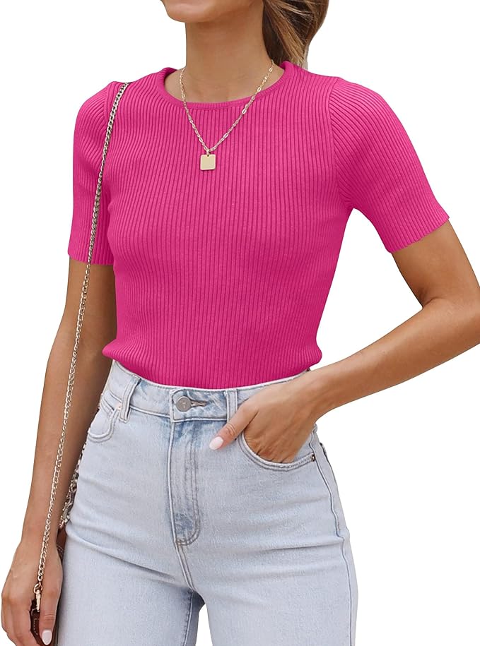 ZESICA Women's Short Sleeve Sweater Tops 2026 Summer Crewneck T Shirt Ribbed Knit Slim Fit Basic Solid Color Tee