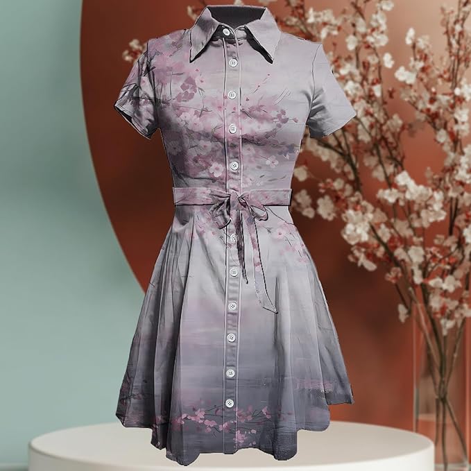 MARSVOVO Japanese Art Shirt Dresses for Women Short Sleeve Ruffle Button Down Tie Waist Trendy Elegant Midi Dress