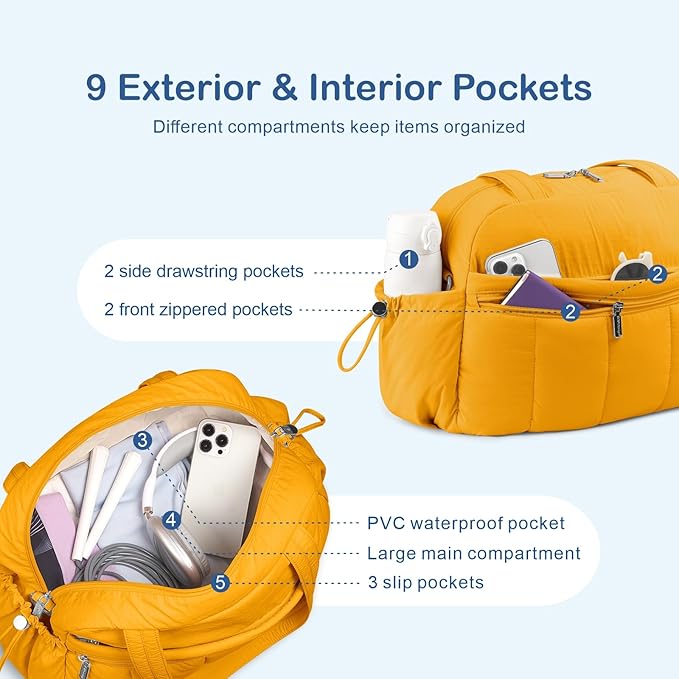 TOPDesign Travel Duffel Bag for Women, Puffer Gym Bag Sports Tote with Wet Pocket, Carry On Weekender with Luggage Sleeve (Golden Yellow)