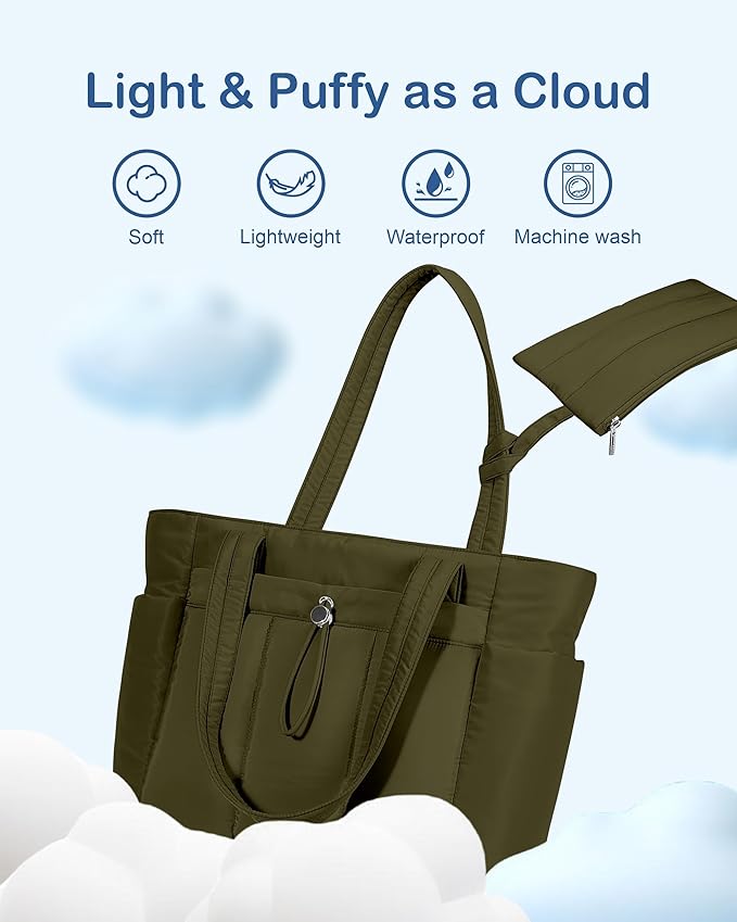TOPDesign Puffy Tote Bag for Women with Cup Holder & Laptop Compartment & Cosmetic Bag & Trolley Sleeve for Work, Travel