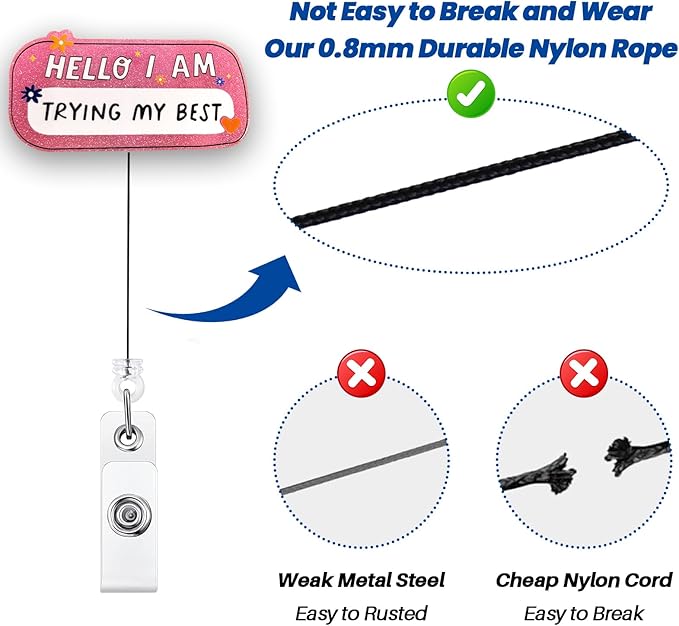 HELLO I AM TRYING MY BEST Funny Badge Reel, Pink Retractable ID Card Badge Holder, Name Work Badge Clip for RN LPN CNA MA ER Night Shift Nurse Nursing Student OB/GYN L&D Cardiology Doctor, Nurse Gifts