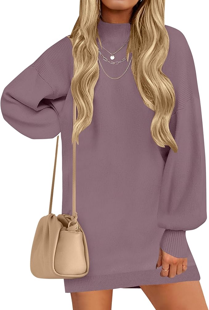 ZESICA Women's 2026 Fall Turtleneck Sweater Dress Oversized Long Lantern Sleeve Casual Knit Pullover Mini Dresses