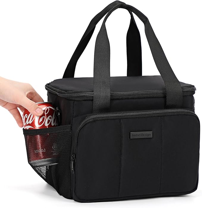 NISHEL Lunch Bag for Women, Insulated Leakproof Cooler Case with Detachable Shoulder Strap & Multiple Pocket, Easy-Clean PEVA Lining, Puffy Design for Work,Black