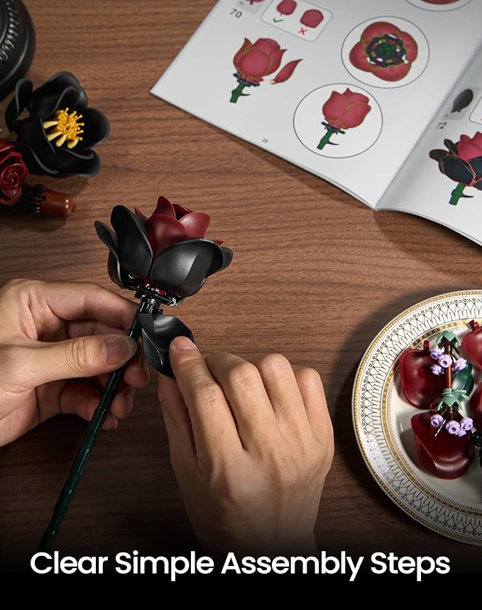 iATOM Black Burgundy Red Rose Bouquet Building Set, 12Pcs Flowers Botanical Collection Kit for Adult Women,Valentine's Day Gift for Her/Mom/Girlfriend/Wife/Couple, Gothic Home Table Centerpieces Decor