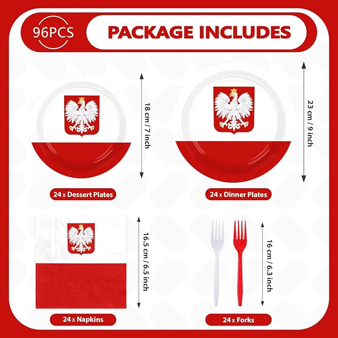 Greencian 96Pcs Poland Flag Party Decorations National Country Decoration Poland National Day Plates and Napkins Tableware Set for Polish Red and White Patriotic Festival Party Supplies，Serves 24