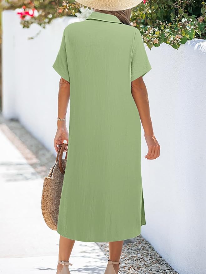 Zeagoo Women Dresses Summer Casual Short Sleeve Button Down Shirt Dresses 2025 Beach Cover Up with Pockets