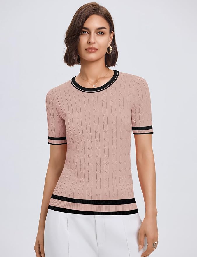 Micoson Womens Short Sleeve Cable Knit Sweater Tops Crewneck Lightweight Spring Summer Shirts Business Dressy Casual Outfits