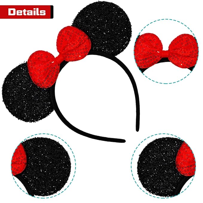 MADO 2 pack mouse ears headbands for adults women little girls boys (black red, onesize)