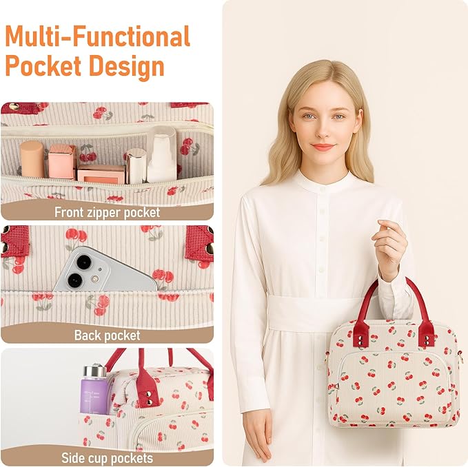 Lunch Bag Large Insulated Lunch Box for Women Men Adult Cute Cherry Lunchbox Corduroy Lunch Bags Boxes Pail with Shoulder Strap for Work Mom Picnic Office Travel 11.4×6.8×9.1 inches 11.5L